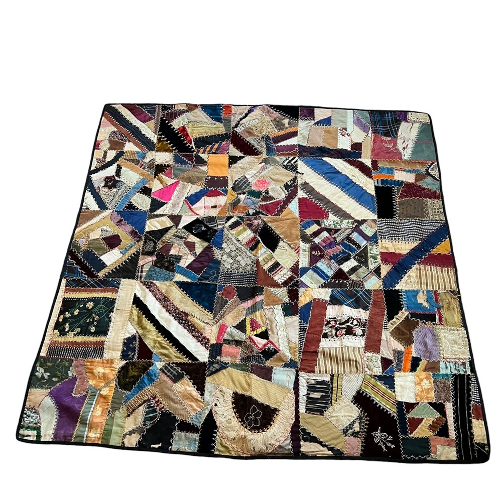 Vintage crazy quilt handmade velvet embroidery blanket home decor history